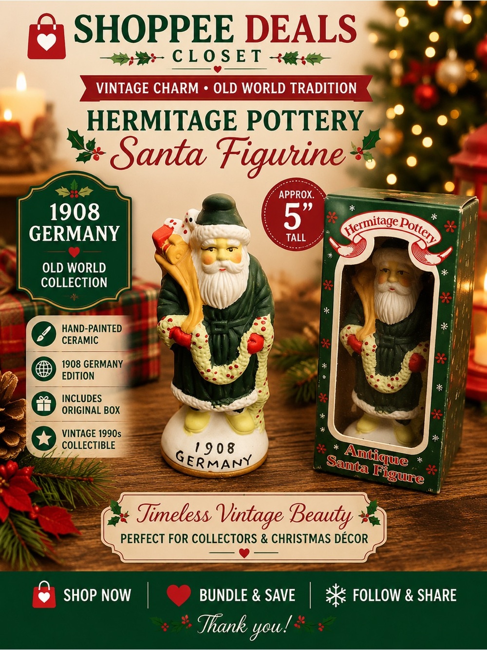 Vintage Hermitage Pottery 1908 Germany Santa Figurine 5” Hand Painted Christmas